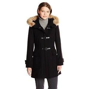 Trina Turk Women's Bailey Toggle Wool Blend Duffle Coat 14 Coyote Fur Trim Hood